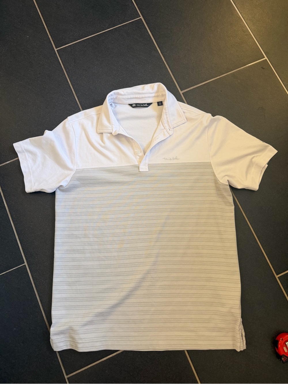 TravisMathew Men’s Medium White Gray Stripe Lightweight Golf Polo Shirt